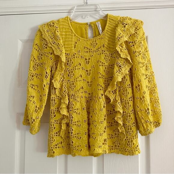 Anthropologie Yellow Clementine Blouse Eyelet Ruffle Puff Sleeve Top Shirt Sz 0 - Picture 5 of 16